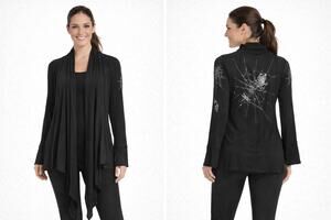 Vegas Royalty Black Spider Web Rhinestone Open Front Cardigan Top Size M